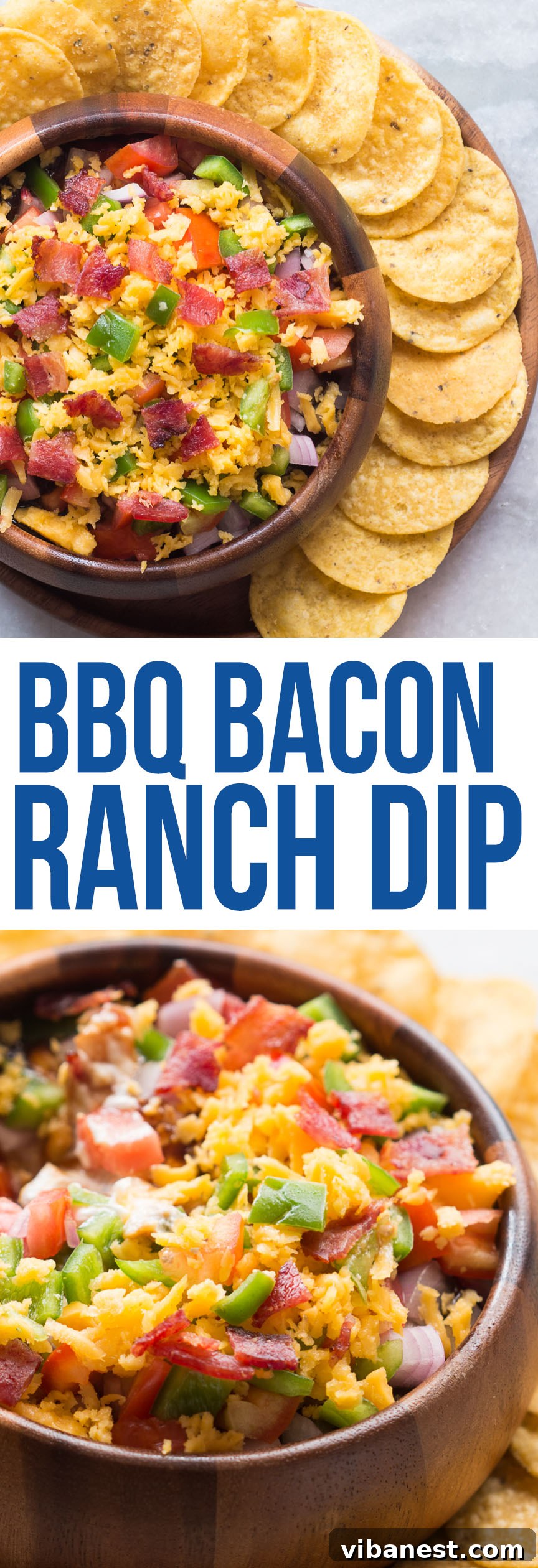 Pinterest image for BBQ Bacon Ranch Dip, showing the finished dip in a decorative bowl.