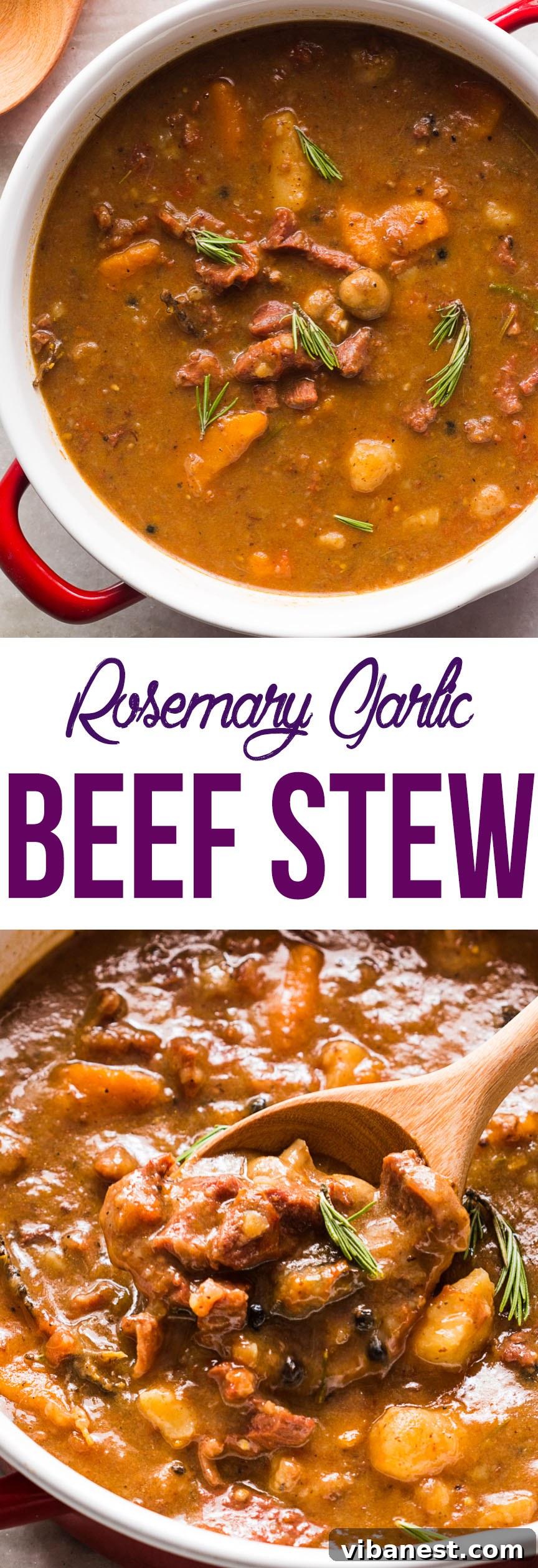 Pinterest pin for rosemary garlic beef stew recipe