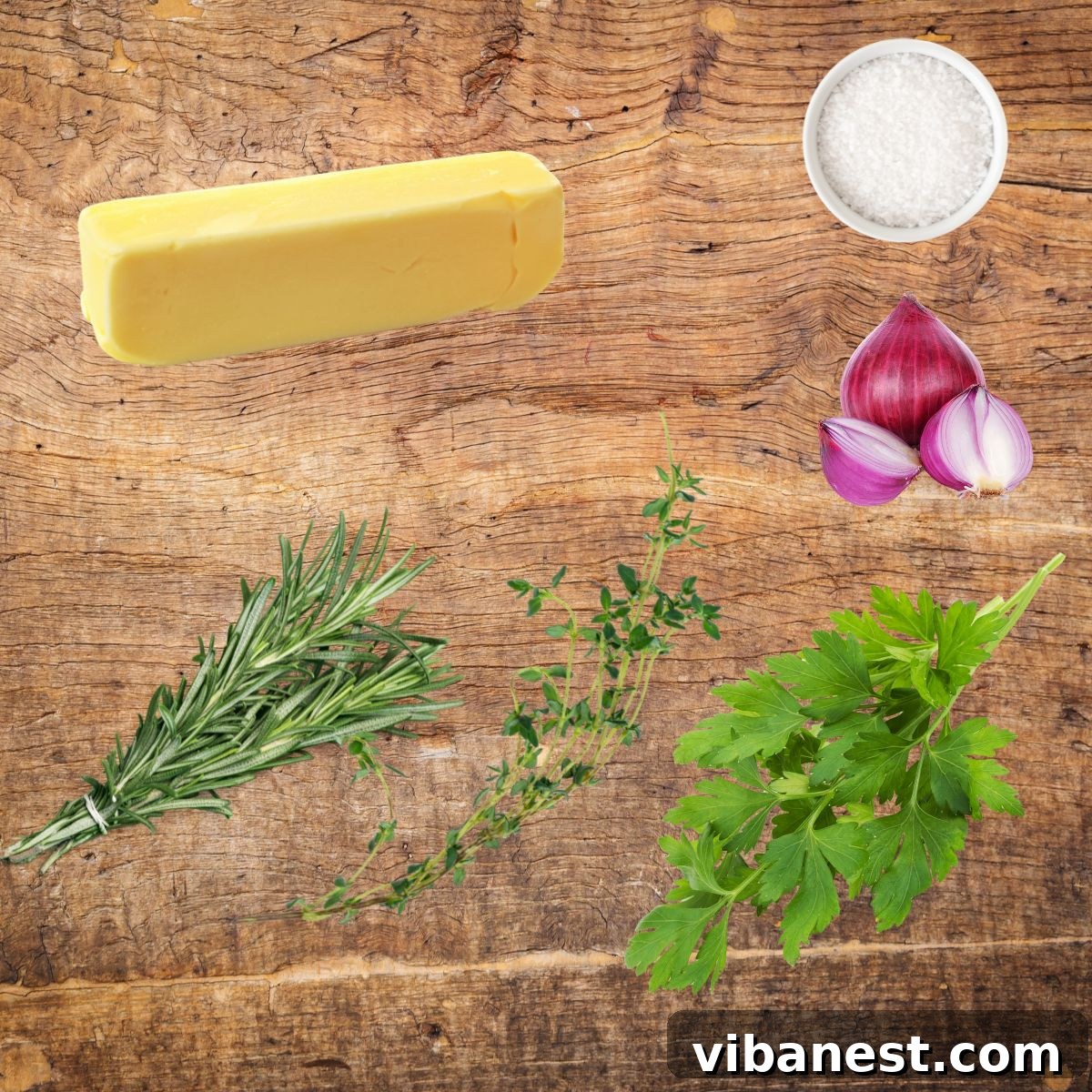 Signature Grilled Steak with Aromatic Butter 5 Ingredients for compound butter: softened butter, rosemary, thyme, parsley, shallot, salt