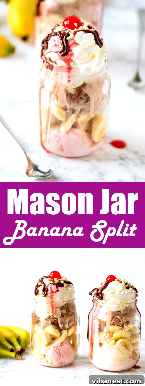 Pinterest pin for Mason Jar Banana Split recipe featuring all layers and toppings