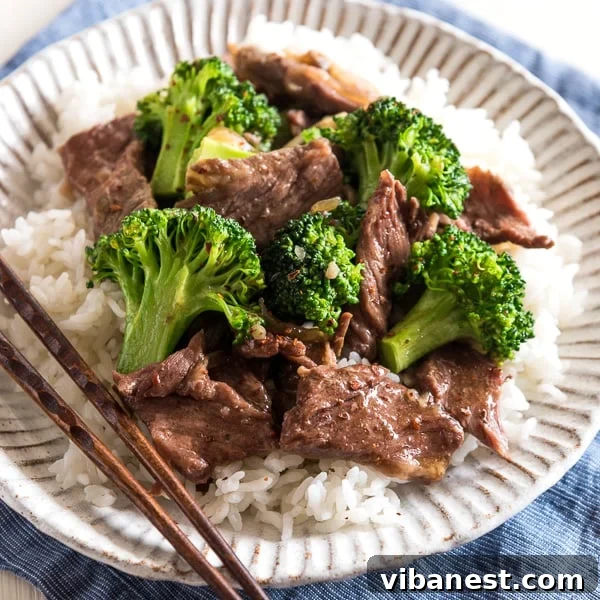 Close-up of a serving of slow cooker beef and broccoli