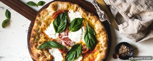 Classic Margherita pizza with fresh basil leaves and melted mozzarella on a wooden peel