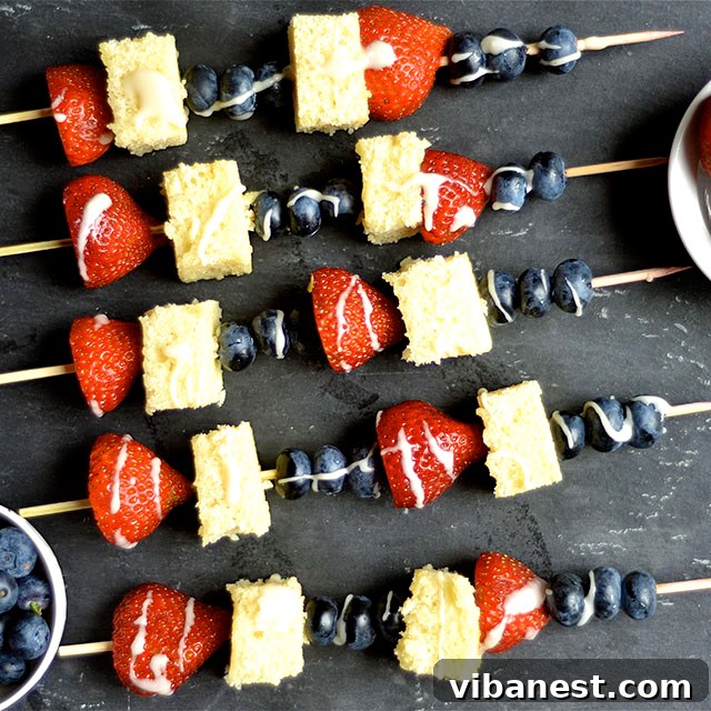 Close-up of freshly made Blueberry Strawberry Shortcake Kabobs
