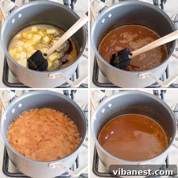 how-to-make-caramel-4.jpg Close-up of smooth, bubbling homemade caramel sauce actively cooking in a pot on the stovetop