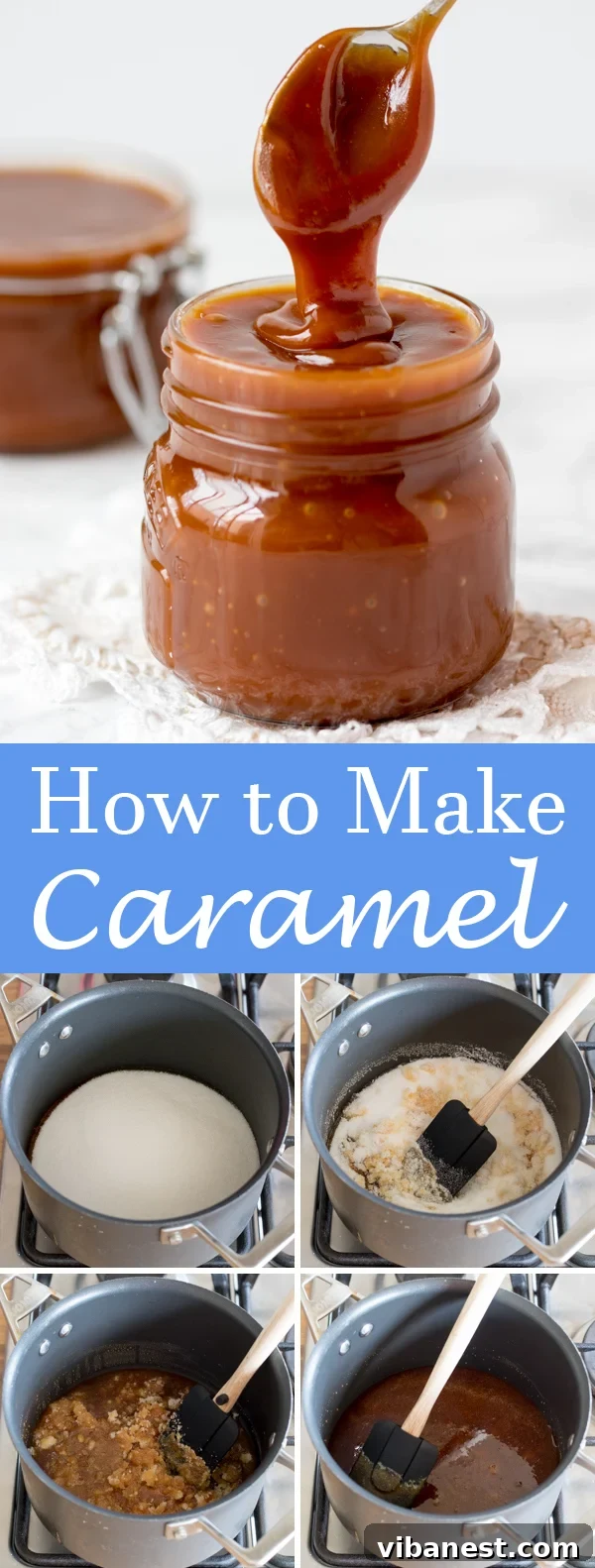 how-to-make-caramel-pin.jpg A close-up of thick, golden homemade caramel sauce being generously drizzled over a scoop of vanilla ice cream