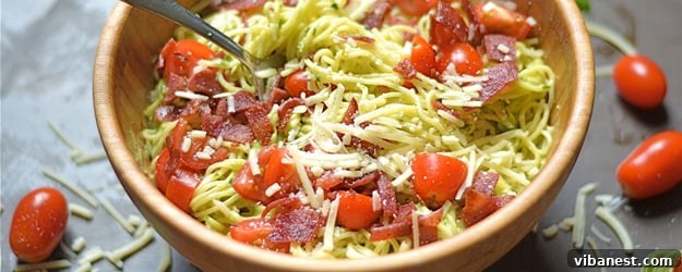 Delicious Bacon Avocado Pesto Pasta ready to serve