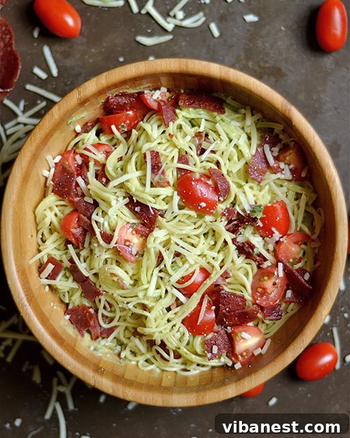 Quick Assembly for Pesto Pasta Bacon Avocado Pesto Pasta ready to be served
