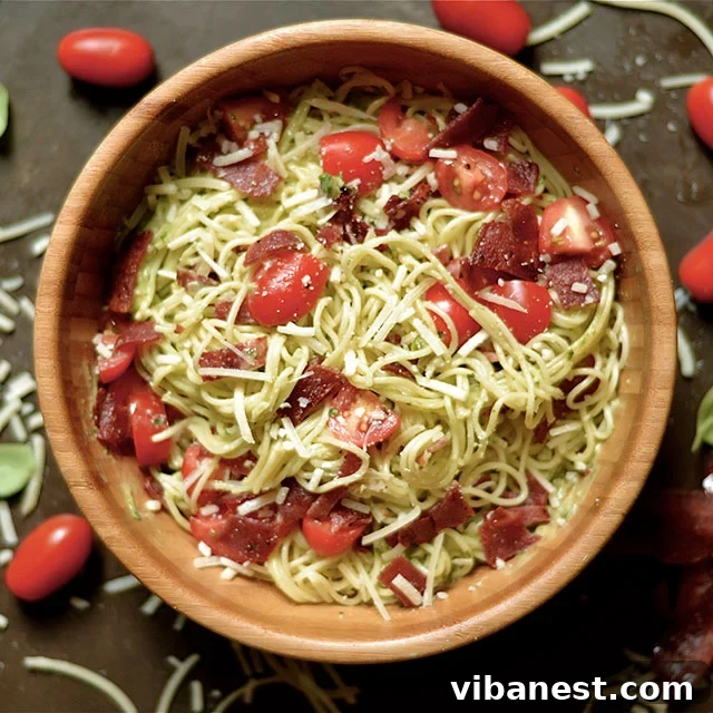 Beautifully plated Bacon Avocado Pesto Pasta