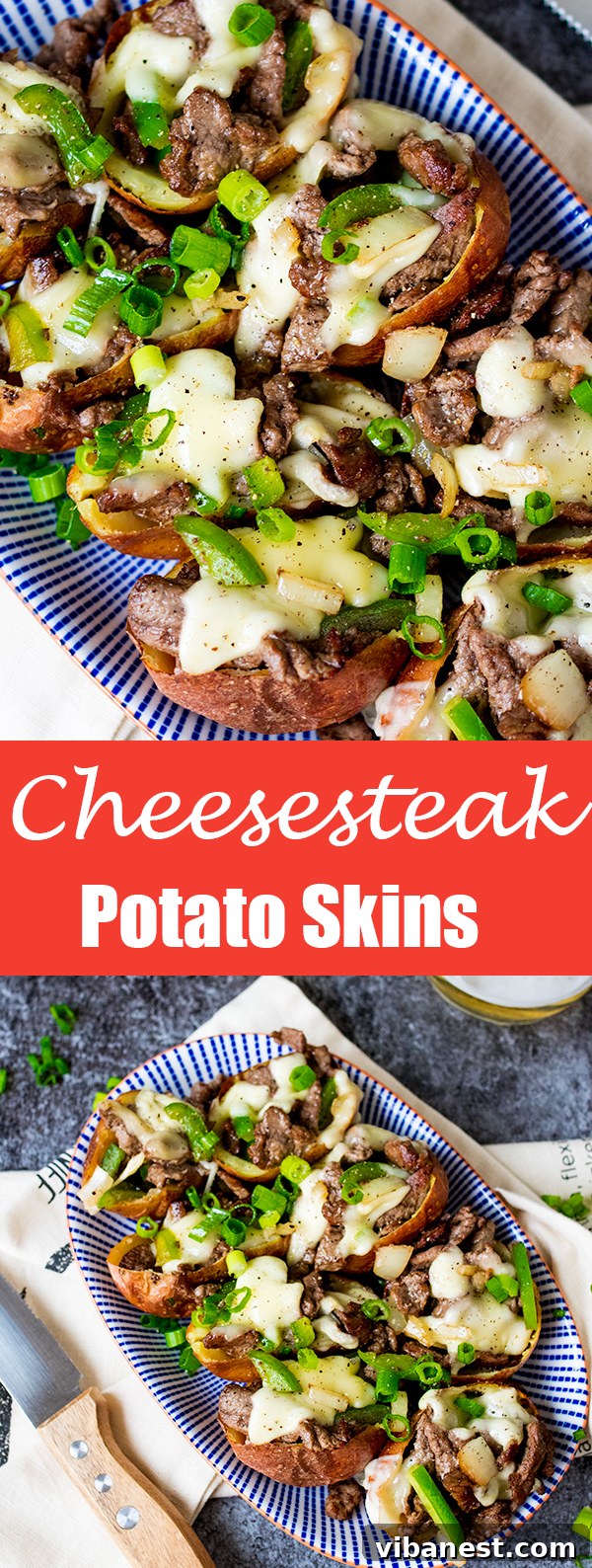 Pin for ultimate cheesesteak potato skins recipe - a vertical image showing multiple filled potato skins