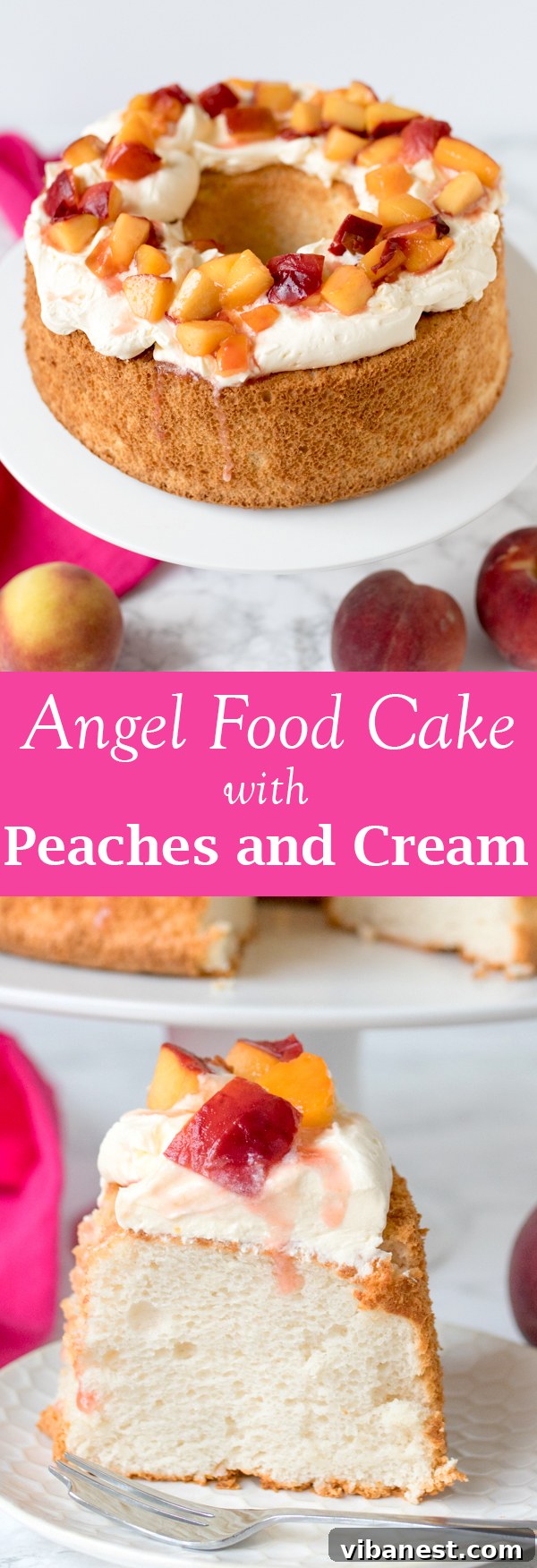 Angel Food Cake with Poached Peaches and Cream pin for Pinterest sharing