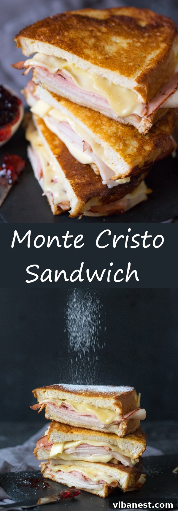Pinterest optimized image for Monte Cristo sandwich recipe with ingredients and final dish