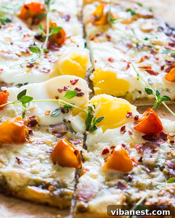 Close-up of Gooey Egg and Melted Cheese on Breakfast Pizza