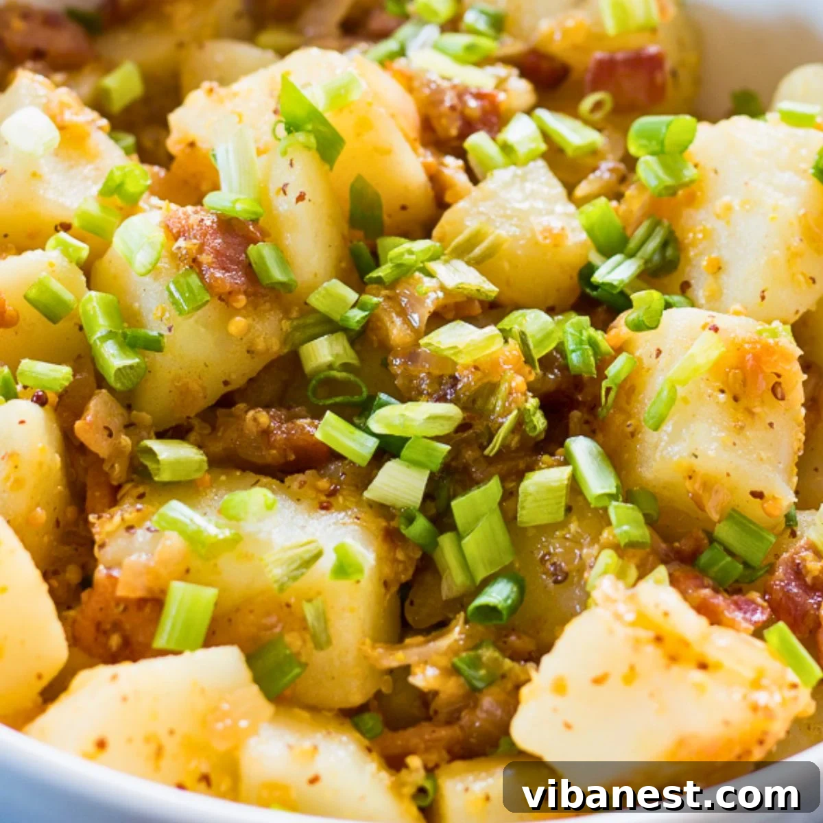 Classic Warm German Potatoes 2 Old-fashioned warm German potato salad, ready to be served as a classic side dish.