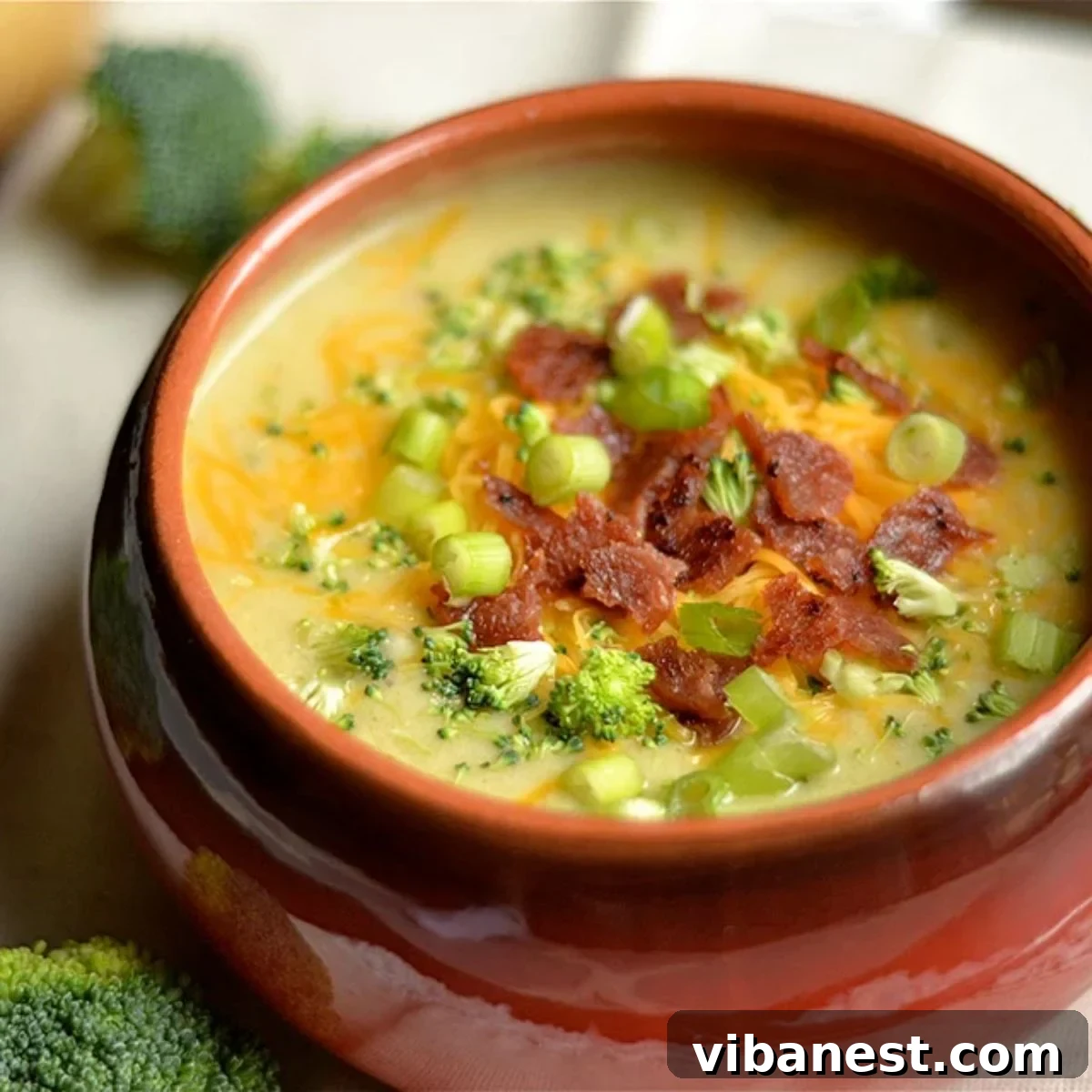 Creamy Instant Pot Cheddar Broccoli Potato Soup 2 Bowl of creamy Instant Pot Cheddar Broccoli and Potato Soup garnished with fresh herbs