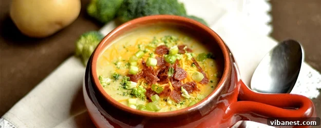 instant-pot-cheddar-broccoli-potato-soup Close-up of a bowl of Instant Pot Cheddar Broccoli and Potato Soup with a spoon