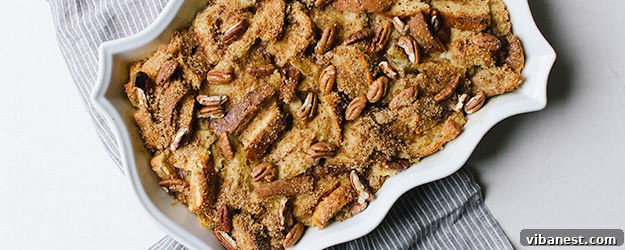 Delicious Maple Cinnamon French Toast Casserole with maple syrup and pecans