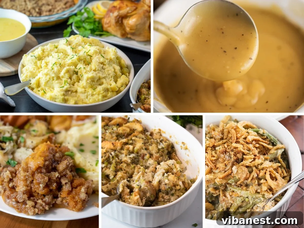 Top-Tier Thanksgiving Side Dishes 2 A beautifully set Thanksgiving table featuring a roasted turkey surrounded by an assortment of delicious side dishes, including gravy, mashed potatoes, and dinner rolls, symbolizing a festive holiday feast.