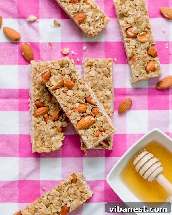 Golden Honey Granola Bars with Oats and Almonds Close-up of perfectly set no-bake honey granola bars