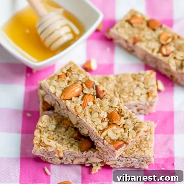 Stacked No-Bake Honey Granola Bars ready to be served