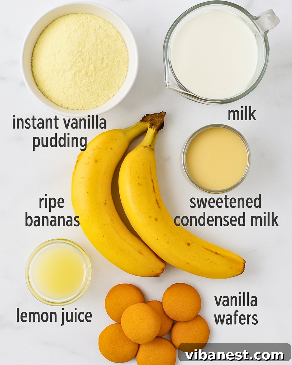 Golden Banana Dream 4 Key ingredients for no-bake banana pudding including vanilla pudding mix, sweetened condensed milk, and vanilla wafers