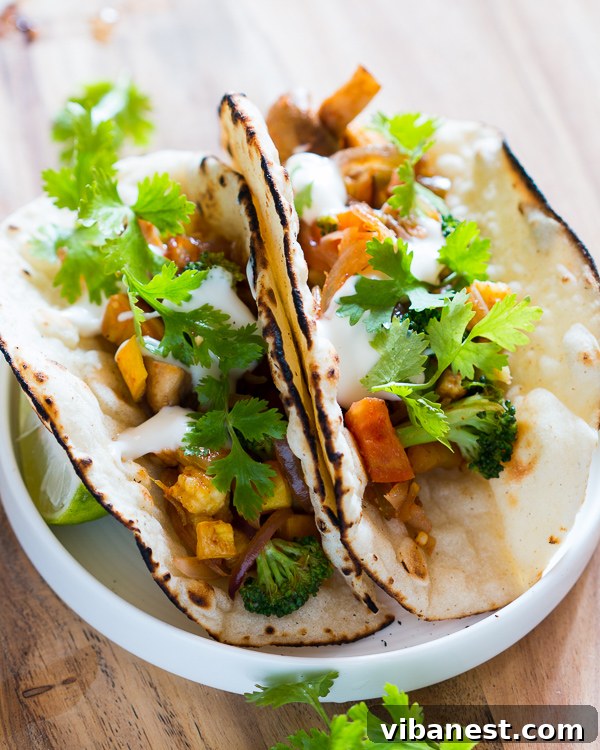 healthy-vegetarian-tacos-3.jpg Close-up shot of two healthy vegetarian tacos, showcasing the rich vegetable filling and melted cheese, garnished with fresh cilantro.