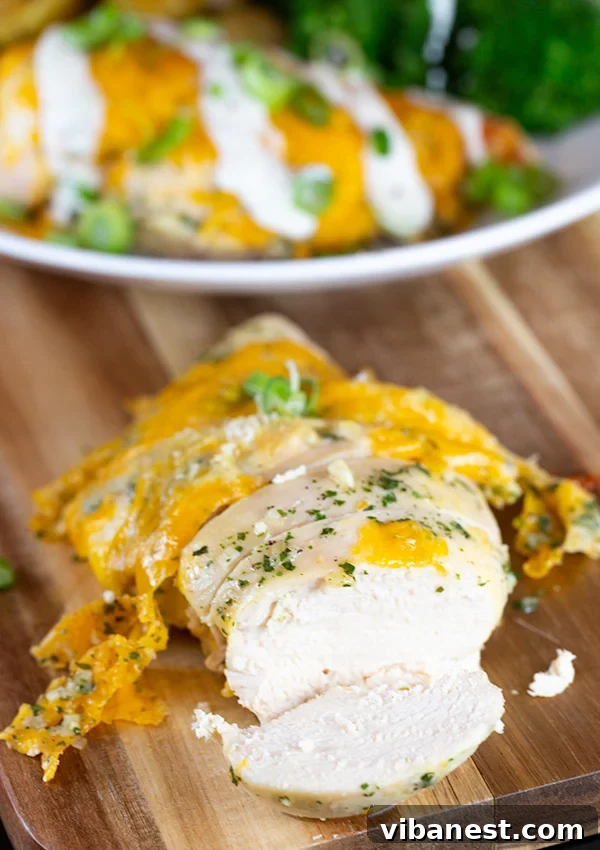 Baked Ranch Chicken Recipe Two baked ranch chicken breasts on a parchment-lined baking sheet, golden and cheesy, fresh out of the oven.