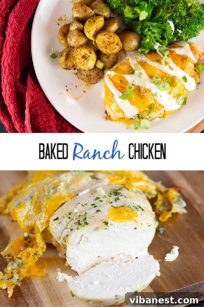 Ranch Chicken Recipe on Plate An overhead shot of a single baked ranch chicken breast on a serving plate.
