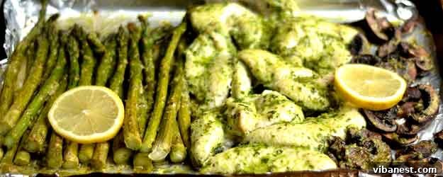 One-Pan Baked Pesto Chicken and Veggies, a healthy and easy weeknight dinner recipe
