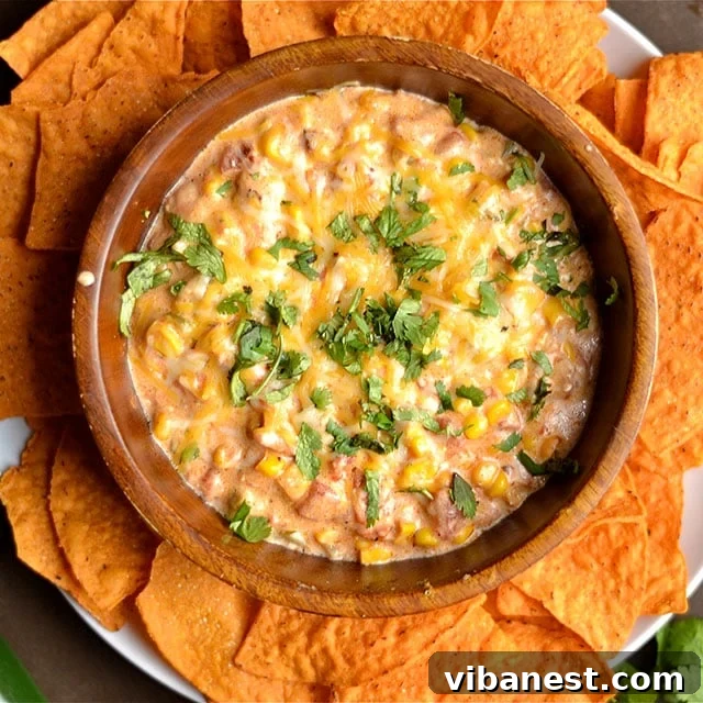 Delicious Southwest Corn Dip with Bacon and Fresh Cilantro Close-up of Instant Pot Cheesy Southwest Corn Bacon Dip with cilantro garnish