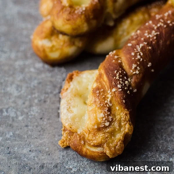 A tray of unbaked cheesy pretzel twists, generously coated in a baking soda solution and sprinkled with salt, ready for the oven.