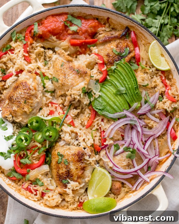 Serve Your One-Pot Mexican Chicken and Rice Straight from the Pan Close-up of One-Pot Mexican Chicken and Rice with toppings