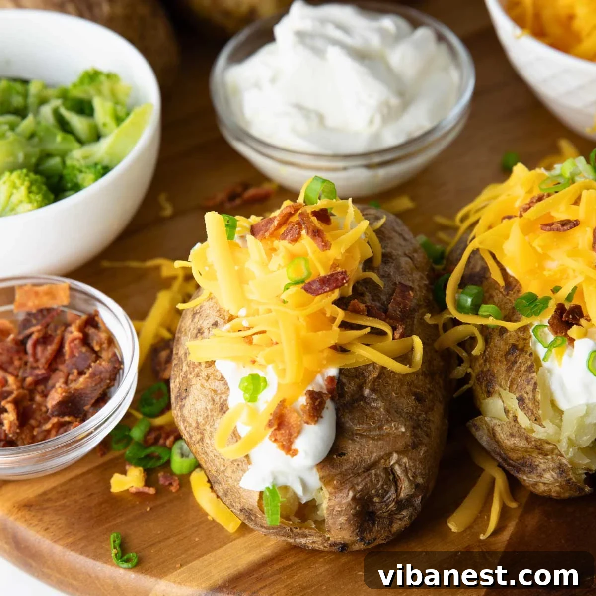Mastering the Art of Baked Potatoes 2 A perfectly baked potato with crispy skin and fluffy interior, ready for a generous dollop of sour cream and chives.