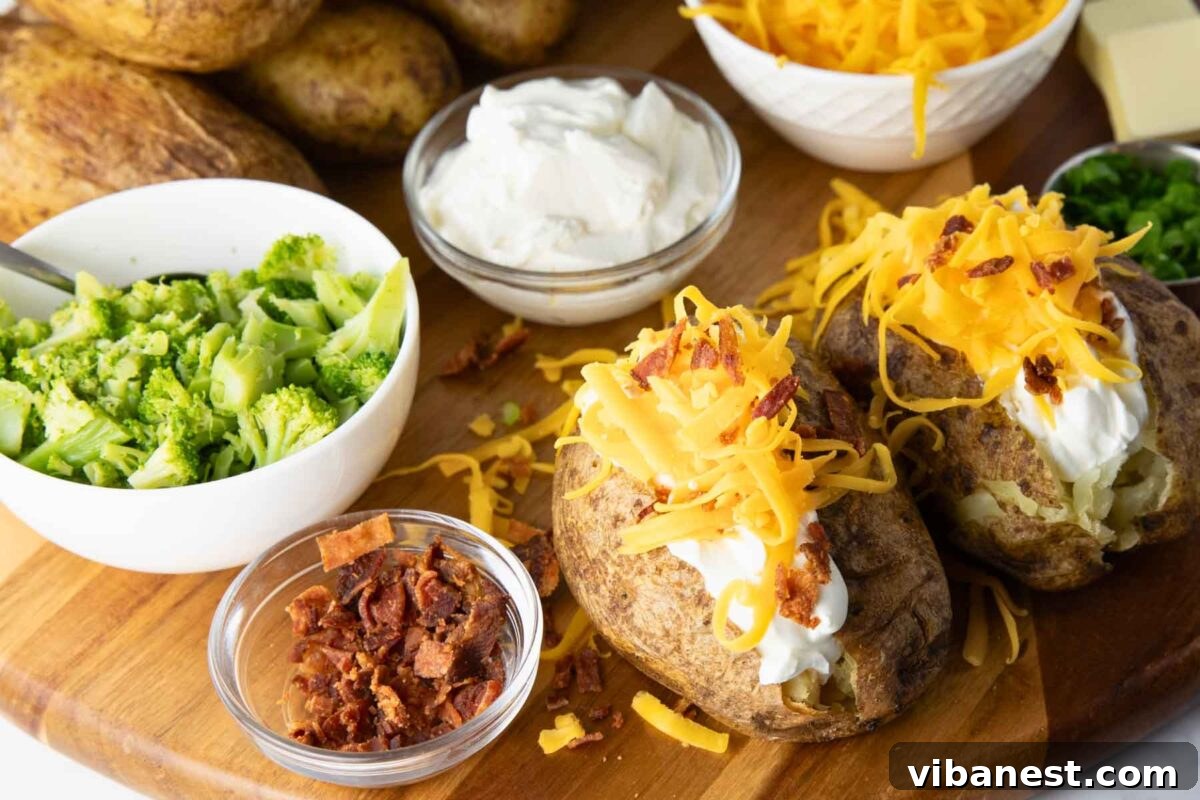 Mastering the Art of Baked Potatoes 3 An inviting display of various delicious baked potato toppings, including shredded cheese, crispy bacon, and fresh chives, ready to be added to a hot potato.