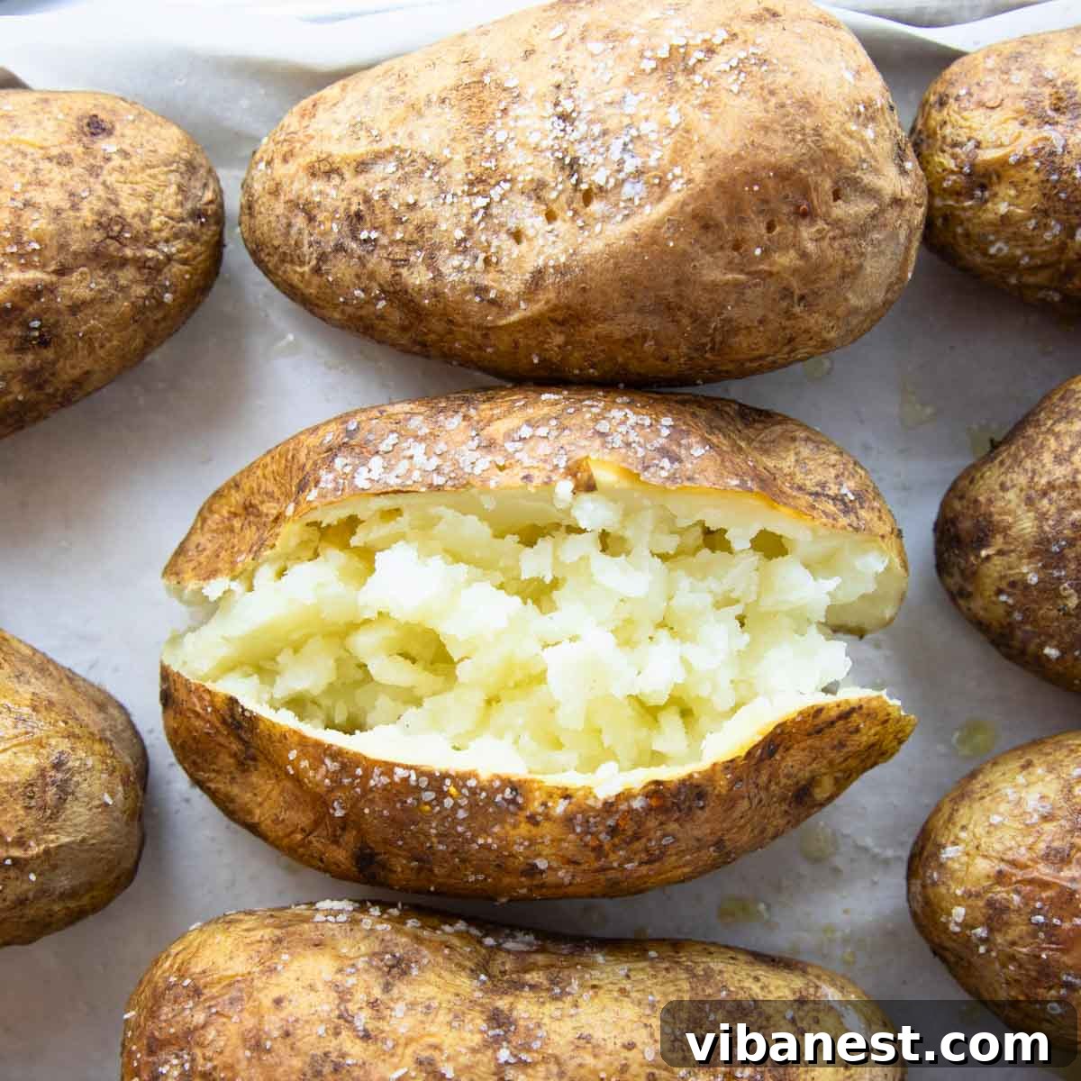 Mastering the Art of Baked Potatoes 5 Close-up of a perfectly baked potato being sliced open, revealing its fluffy interior and crispy skin.