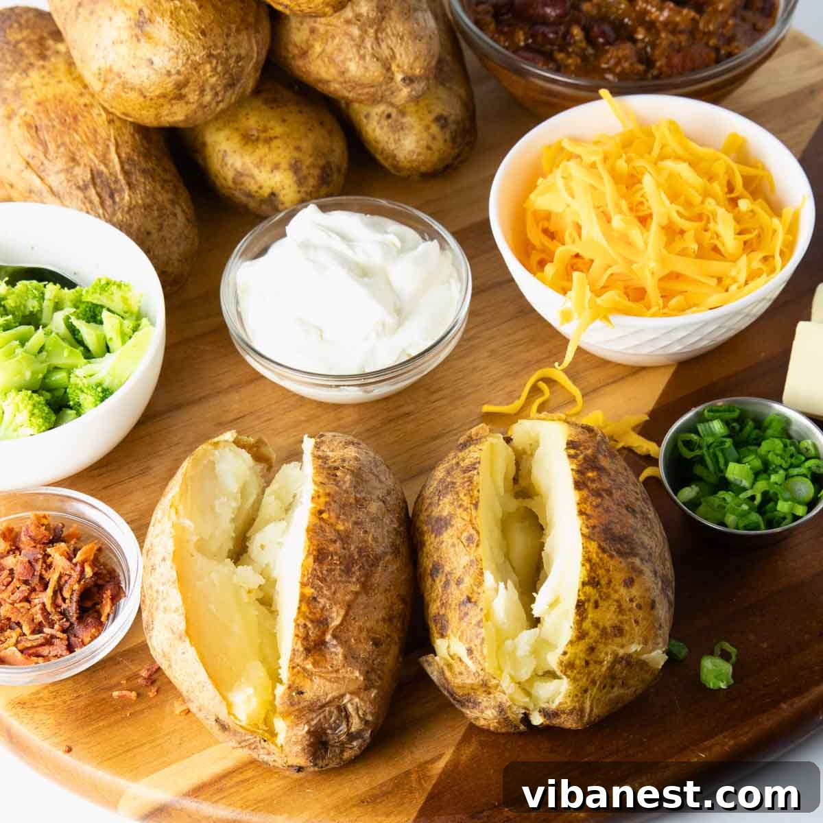 Mastering the Art of Baked Potatoes 6 A vibrant and inviting baked potato bar setup, showcasing an array of delicious toppings for a customizable meal.