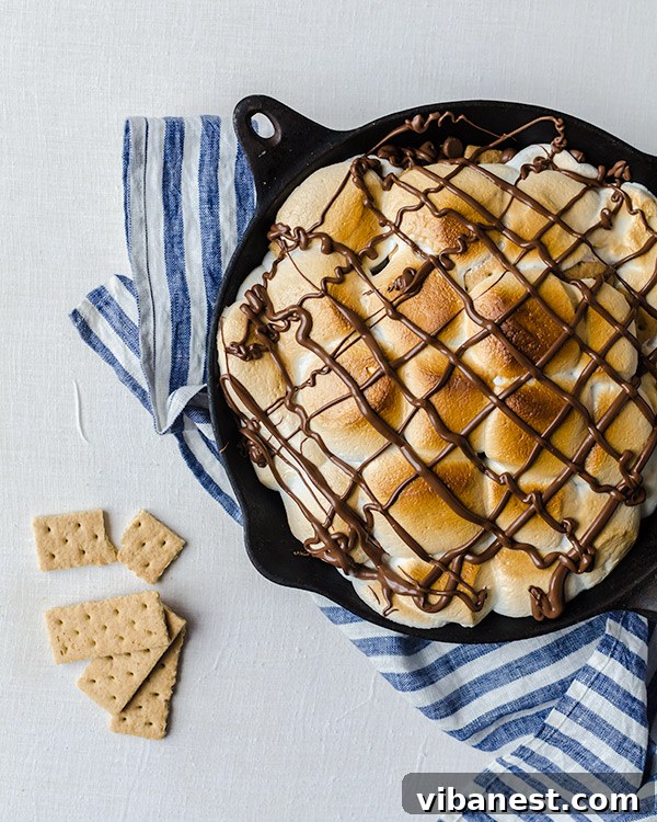 Close-up shot of S'mores Nachos baking in a cast iron skillet, showing golden-brown marshmallows and melting chocolate chips
