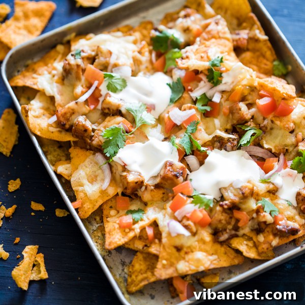 A finished plate of Baked BBQ Chicken Nachos, ready for serving