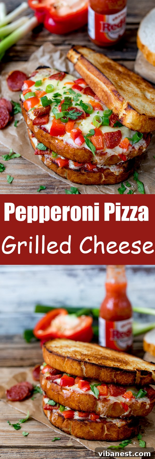 Pinterest optimized image for Pepperoni Pizza Grilled Cheese recipe