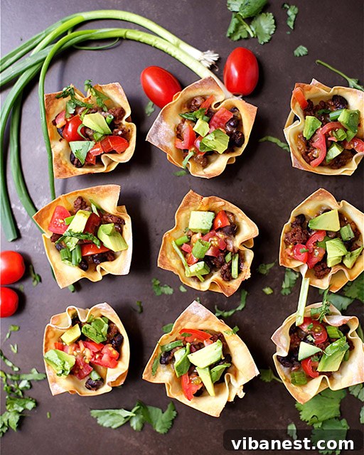 beef-taco-cups-2.jpg Two layers of wonton wrappers create a sturdy and crispy taco cup.