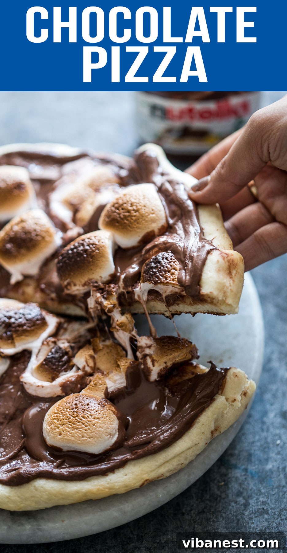 S'mores Chocolate Pizza pin graphic for Pinterest, showing a beautifully presented dessert
