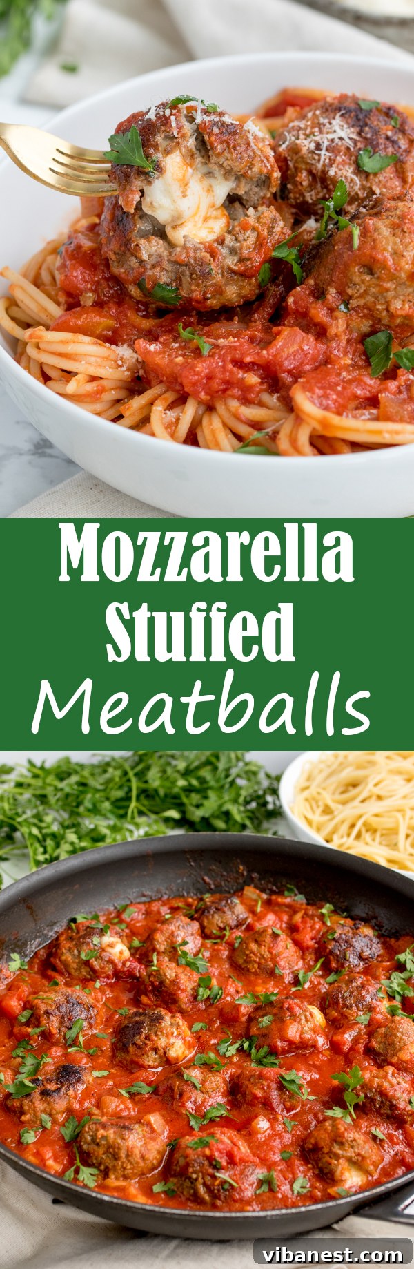 Pinterest pin image for mozzarella stuffed meatballs recipe