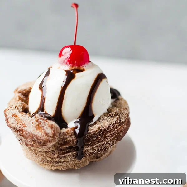 A perfectly assembled churro ice cream bowl filled with vanilla ice cream and topped with fresh berries, ready to serve.