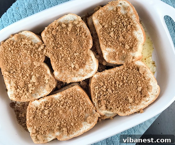 overnight-french-toast-6.jpg Close-up of soaked bread in Overnight French Toast casserole