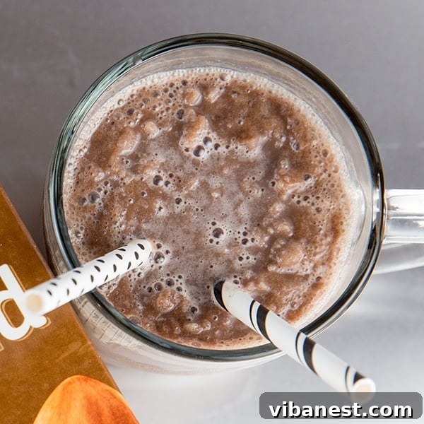 Chocolate Almond Milk Freeze Ingredients All the essential ingredients for a delicious chocolate almond milk freeze laid out: A carton of Silk Dark Chocolate Almond Milk, a pile of ice cubes, a ripe banana, a small bottle of vanilla extract, and a pinch of cinnamon.