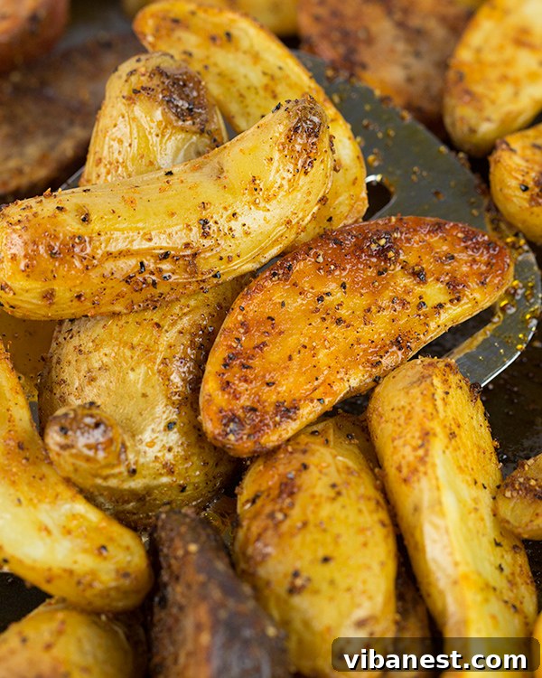 easy-oven-roasted-fingerling-potatoes-2.jpg Close-up of golden-brown roasted fingerling potatoes on a baking sheet, showcasing their crispy skin.