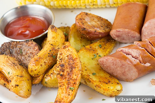 easy-oven-roasted-fingerling-potatoes-1.jpg A simple dinner plate with roasted fingerling potatoes, sausage, and corn on the cob.