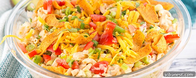 taco-macaroni-salad-1.jpg Close-up of a spoonful of Taco Macaroni Salad