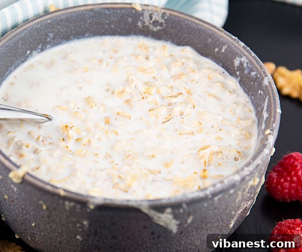 how-to-make-oatmeal-in-the-microwave-3.jpg A step-by-step guide showing how to prepare microwave oatmeal, emphasizing the importance of using a deep bowl to prevent spills.