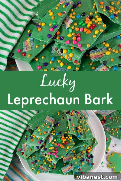 lucky-leprechaun-bark-2.jpg Close-up of freshly made Lucky Leprechaun Bark with various festive toppings