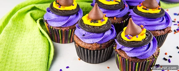 Delicious Witch Hat Cupcakes with purple frosting and Oreo base